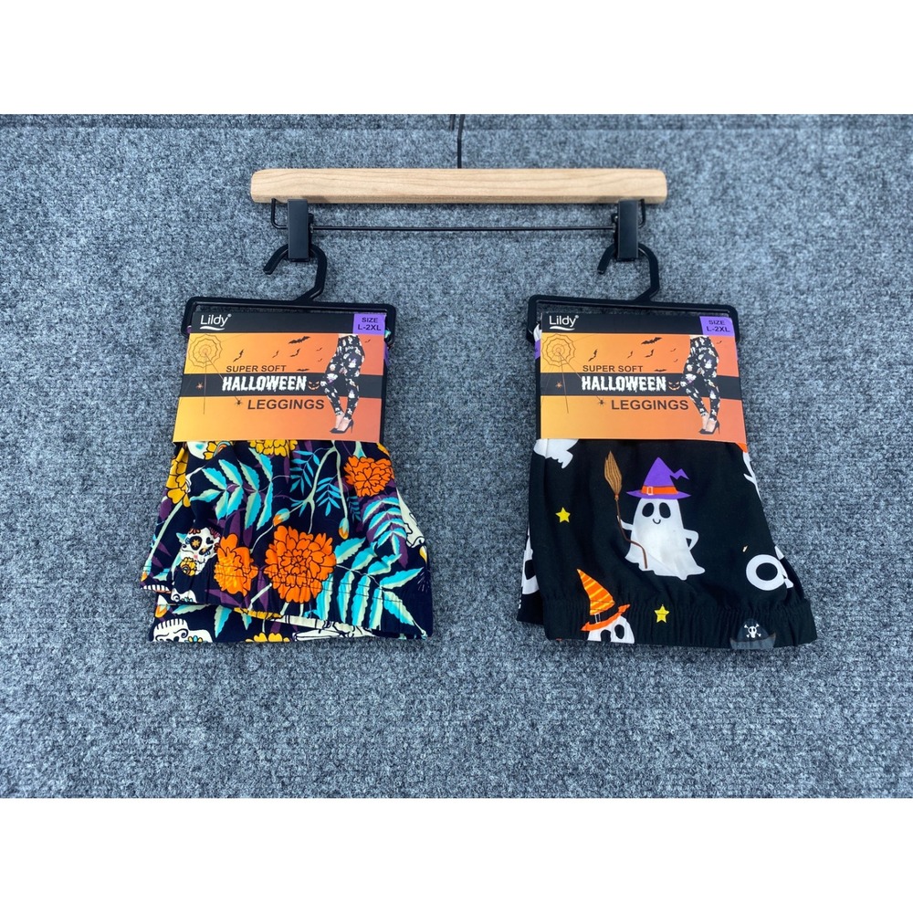 Lildy Halloween Super Soft Leggings 2 Pack Womens L/2XL Ghost Sugar Skull Black